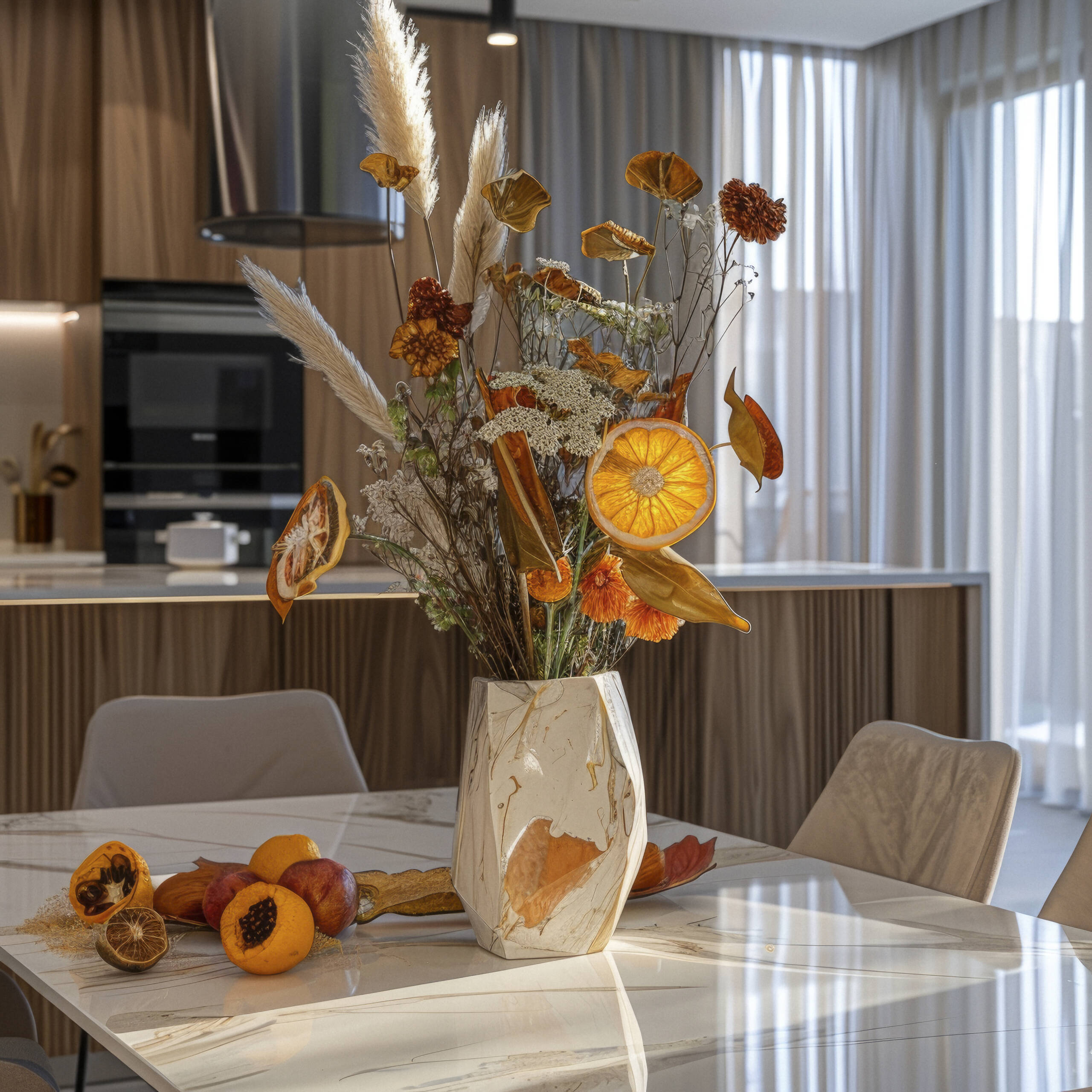 arrangement-with-decorative-dried-fruits-vegetables A luxurious and modern vase with dried flowers, decorated with orange slices and dried fruits, stands on the dining table of an elegant kitchen in light wood tones. The bouquet is arranged in the style of an artistic way, creating a beautiful composition that adds color to your home decor. --style raw Job ID: 7df5ff01-061a-407e-97c3-4fdfe0a258e3